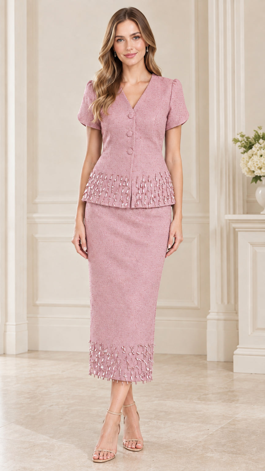 Front full-length view of dusty pink beaded short sleeve two-piece skirt suit set