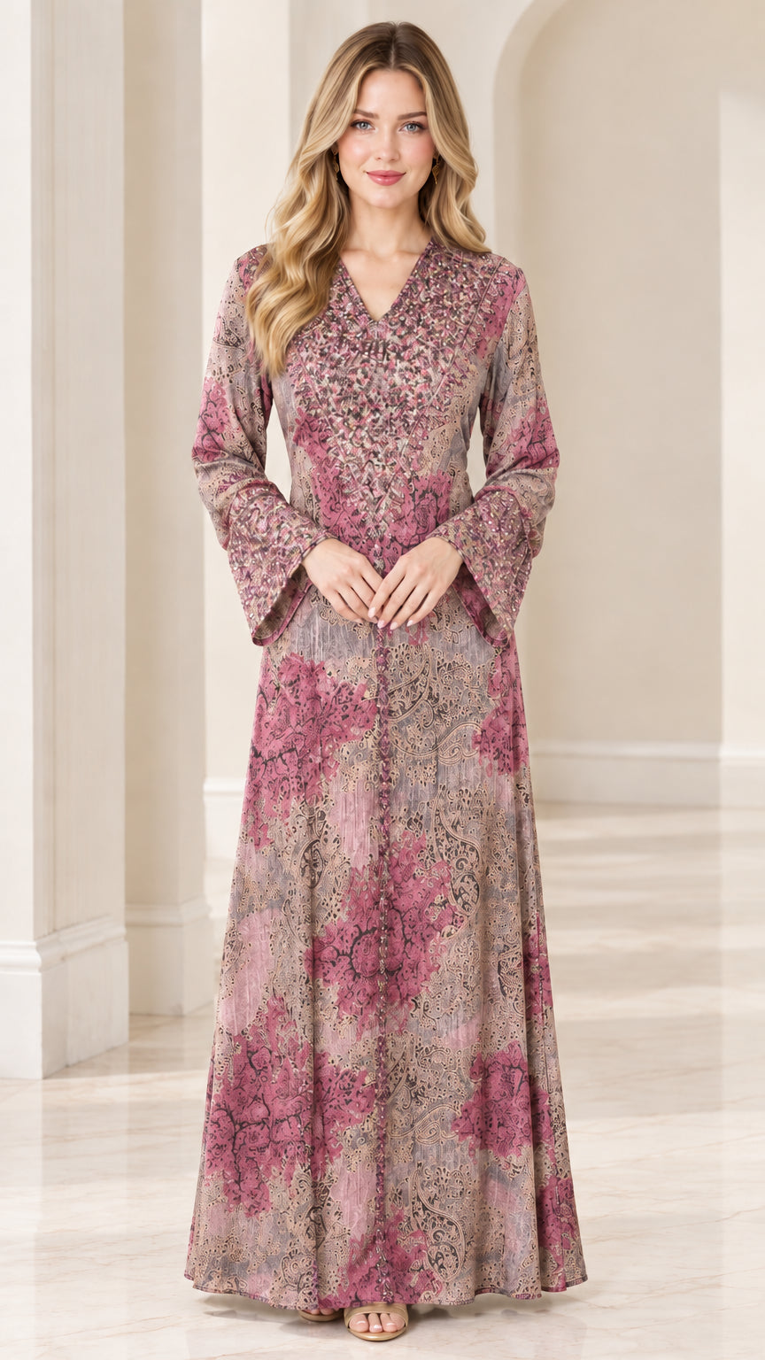 Front view of woman wearing dusty rose floral print long sleeve maxi dress