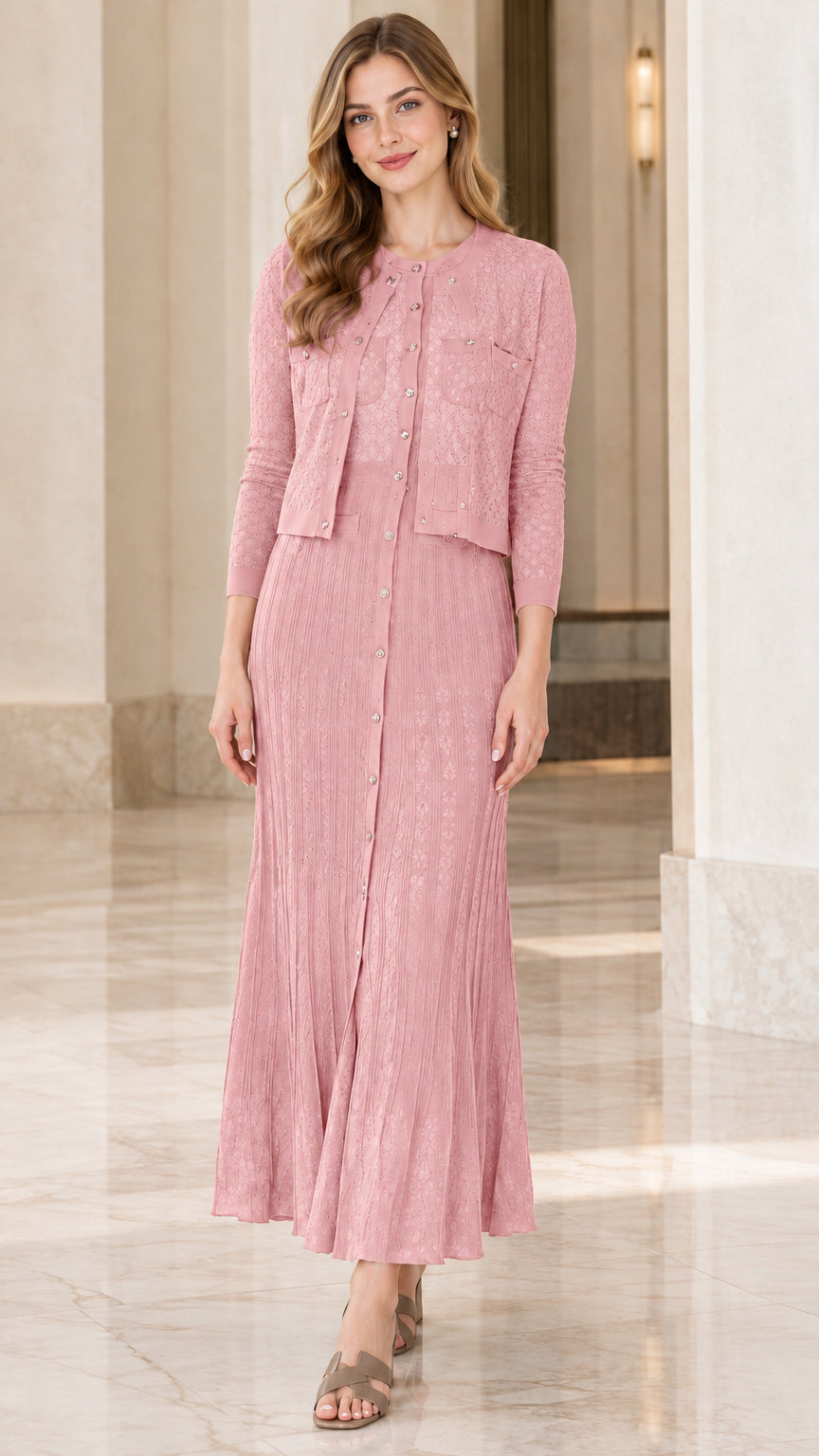 Model wearing dusty pink two-piece textured knit cardigan and maxi dress set
