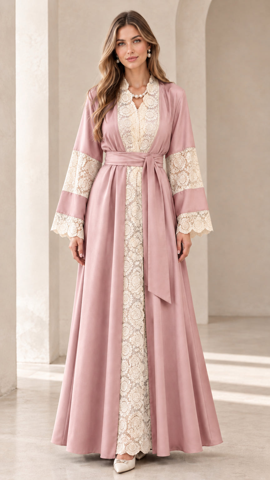 Front full view of Dusty Rose lace trim belted maxi abaya dress