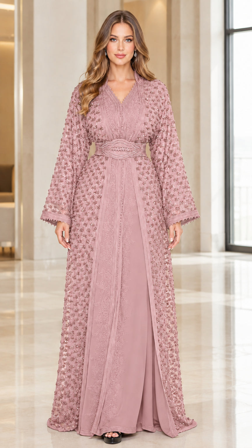 Front view of dusty pink beaded lace kaftan maxi dress