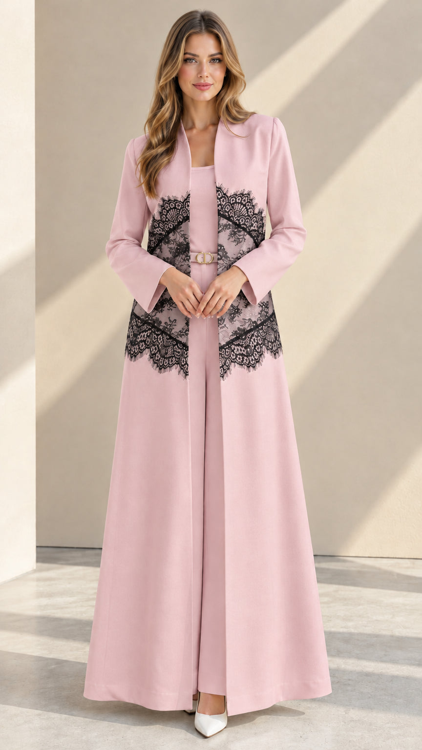 Dusty pink long duster jacket and pant set with black lace embellishment