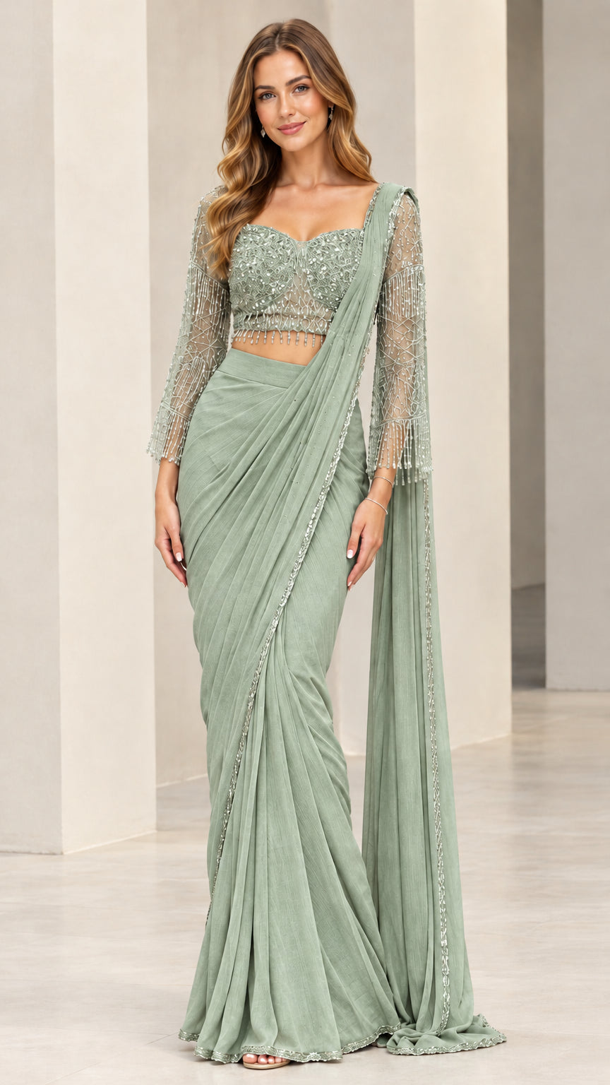 Sage green pre-draped saree set with beadwork and pleated skirt