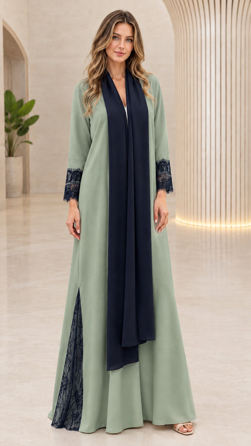 Front full-length view of sage green modest long sleeve abaya dress