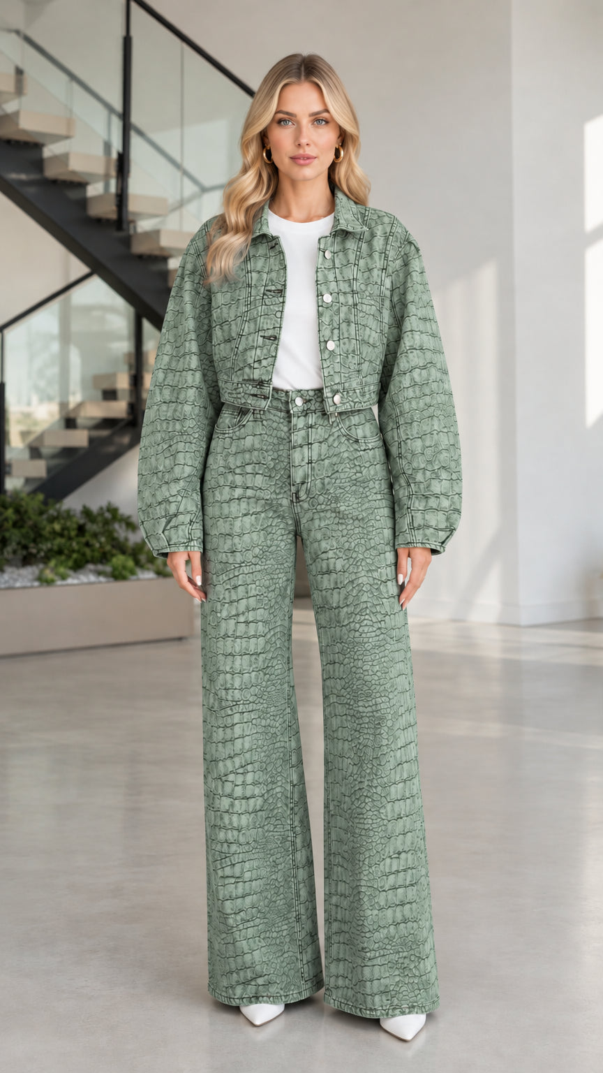 Full front view of model wearing Sage Green croc-textured denim jacket and wide-leg pants set