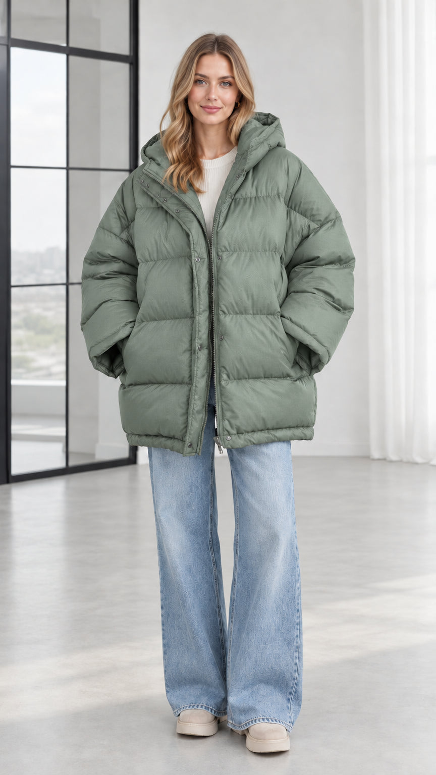 Front view of model wearing sage green oversized hooded puffer jacket