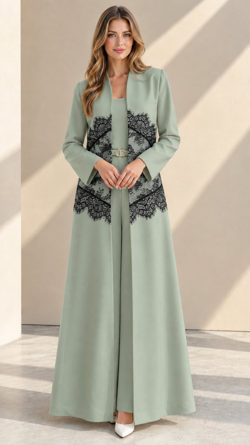Sage green floor-length formal pant suit with black lace waist design