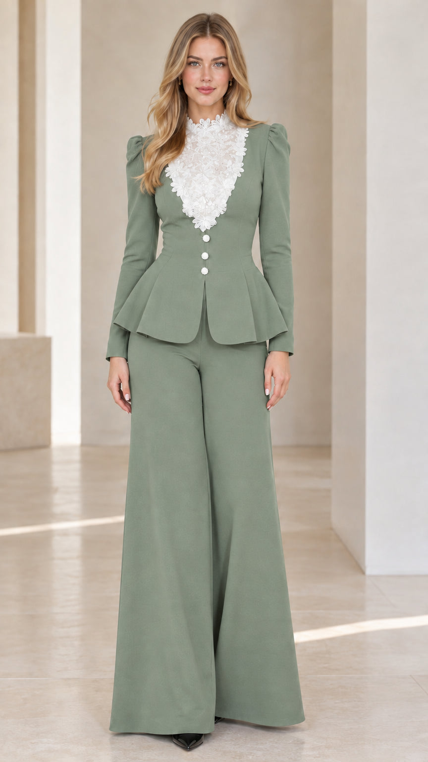 Sage green two-piece peplum blazer and wide-leg pant suit set