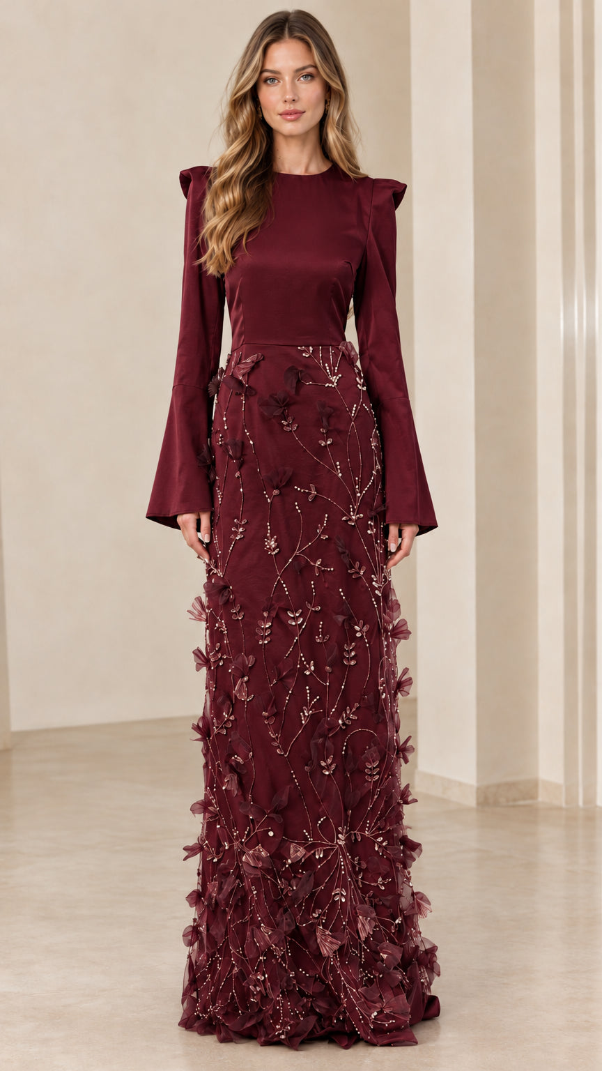 Full front view of the formal evening maxi dress in Burgundy