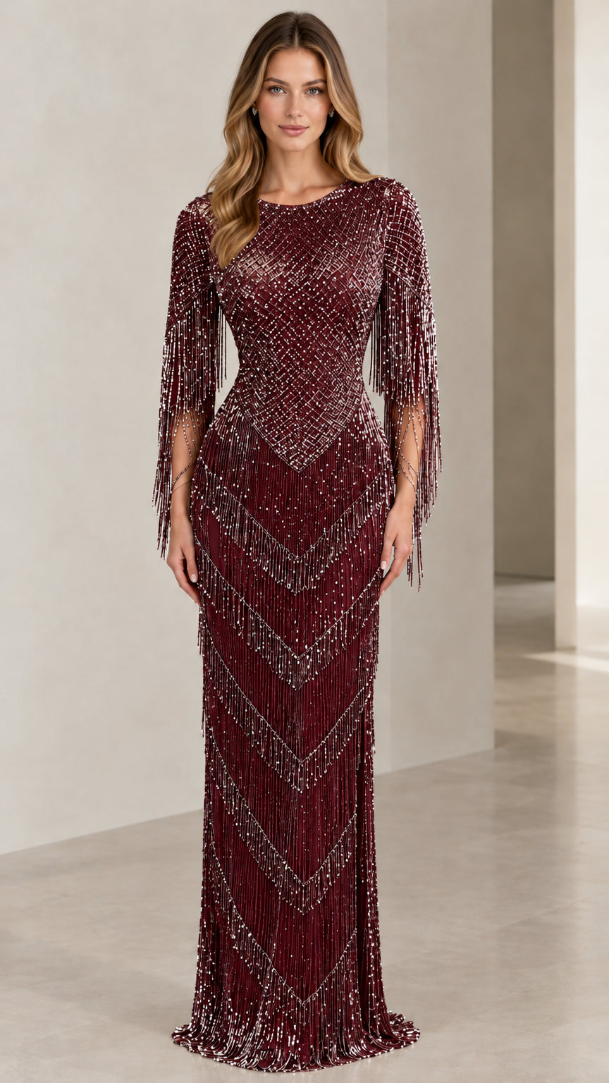 Front view of woman wearing Burgundy wine red beaded fringe evening gown