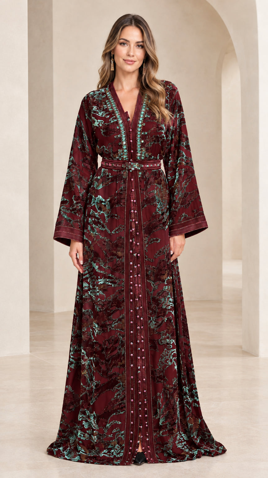 Full-length view of woman wearing burgundy wine velvet evening kaftan gown