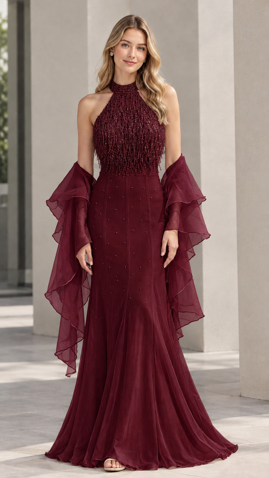 Burgundy wine red halter neck beaded mermaid evening gown with ruffle wrap
