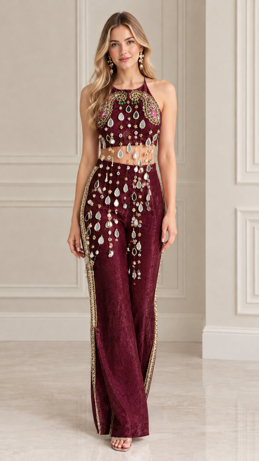 Burgundy wine embellished halter crop top and wide-leg pant co-ord