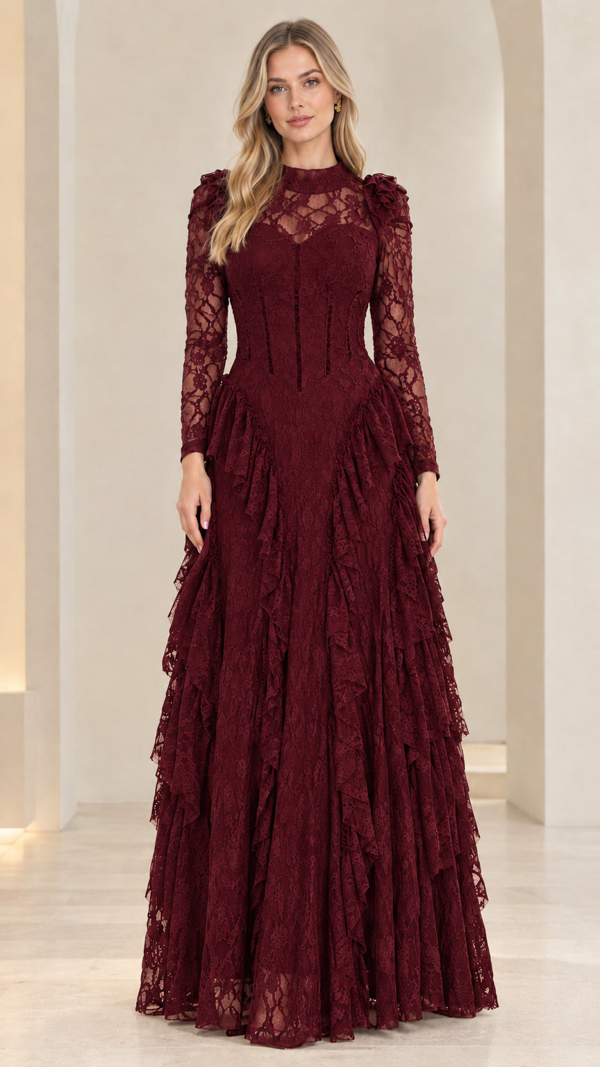 Front view of woman wearing burgundy wine long sleeve tiered lace evening gown