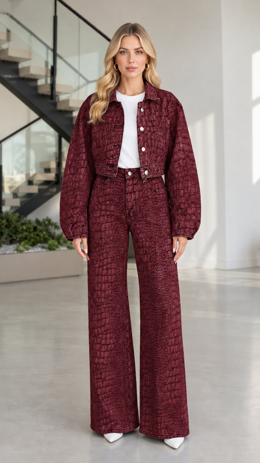Full front view of model wearing Burgundy wine croc-embossed denim two-piece set