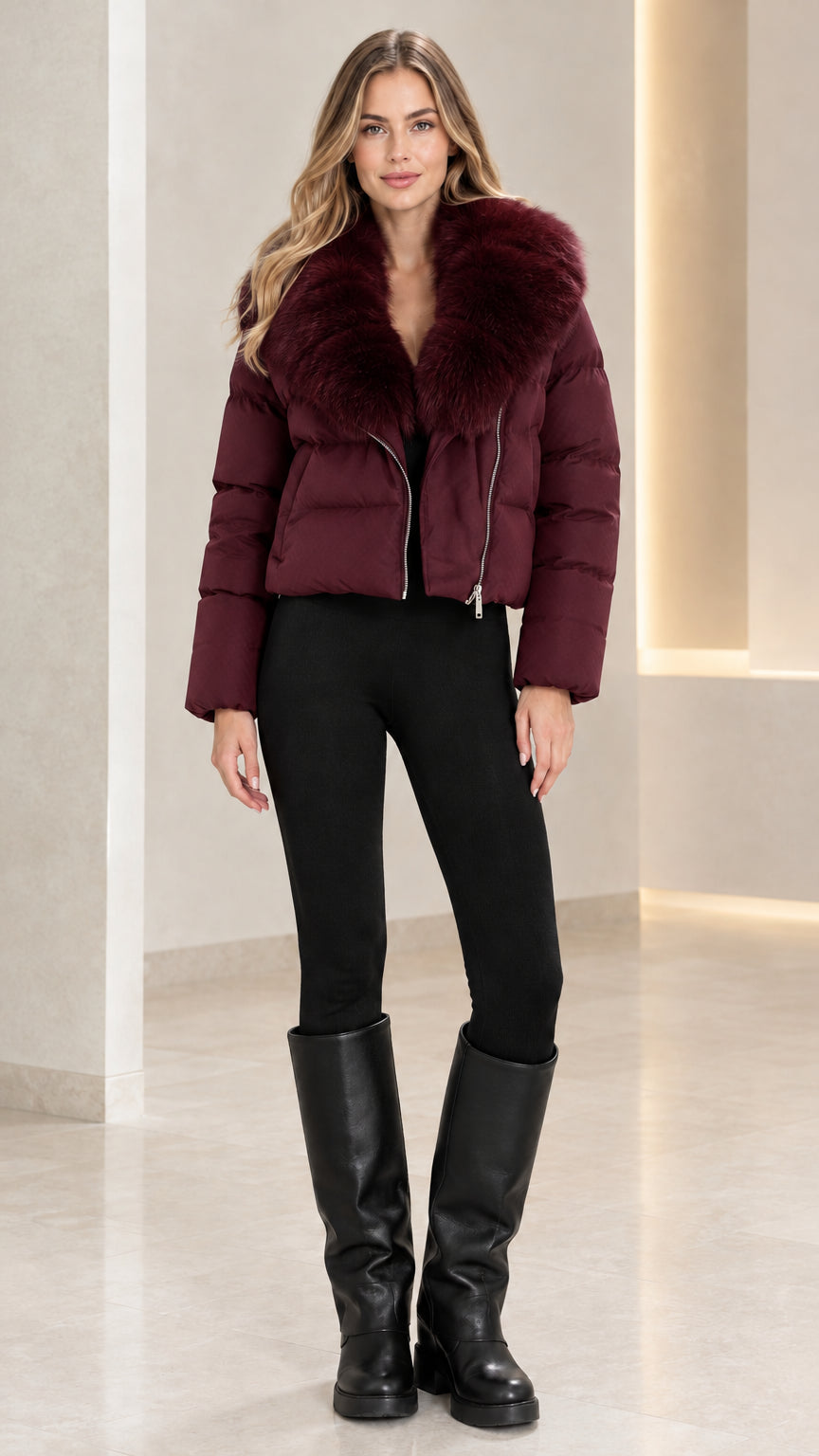 Front full view of woman wearing Burgundy wine-red cropped faux fur puffer jacket