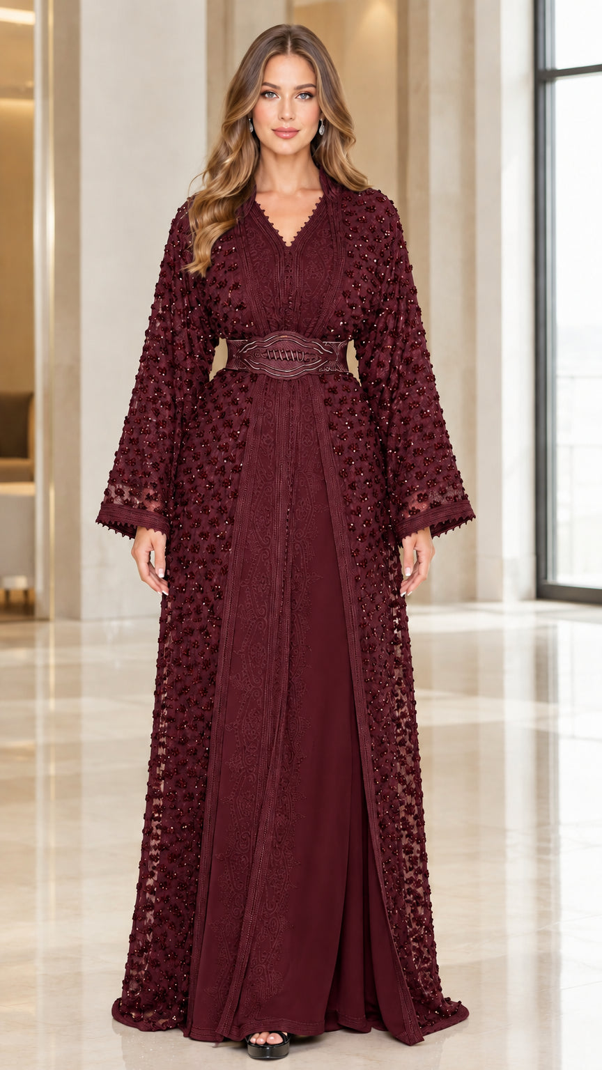 Front view of burgundy wine beaded lace kaftan dress