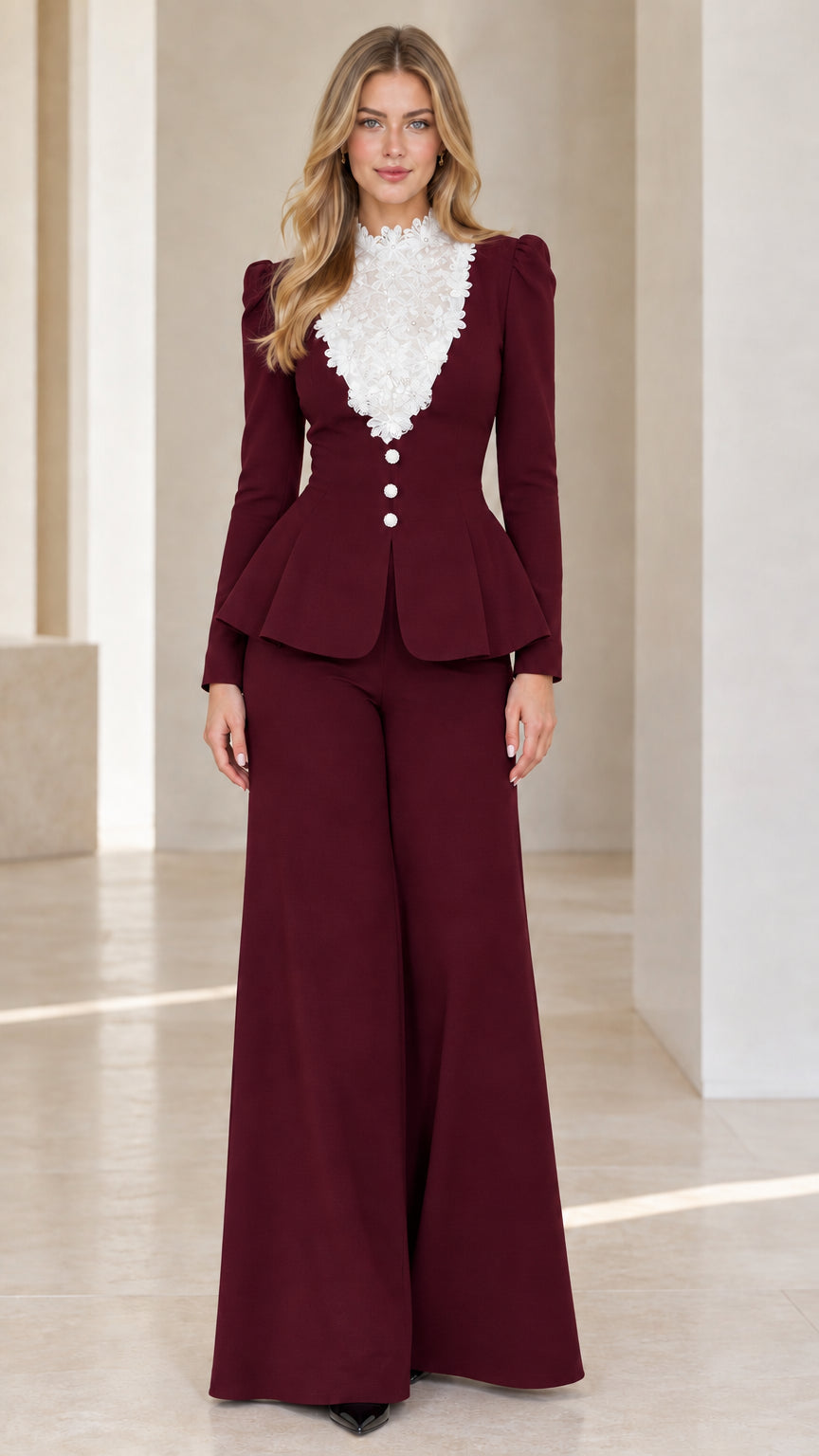 Burgundy wine red two-piece peplum blazer and wide-leg pant suit set