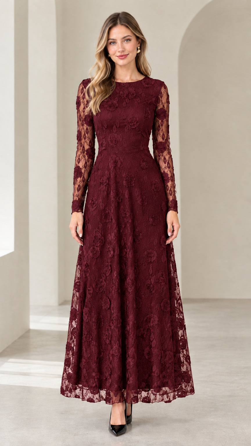 Burgundy wine red floral lace long sleeve formal maxi dress
