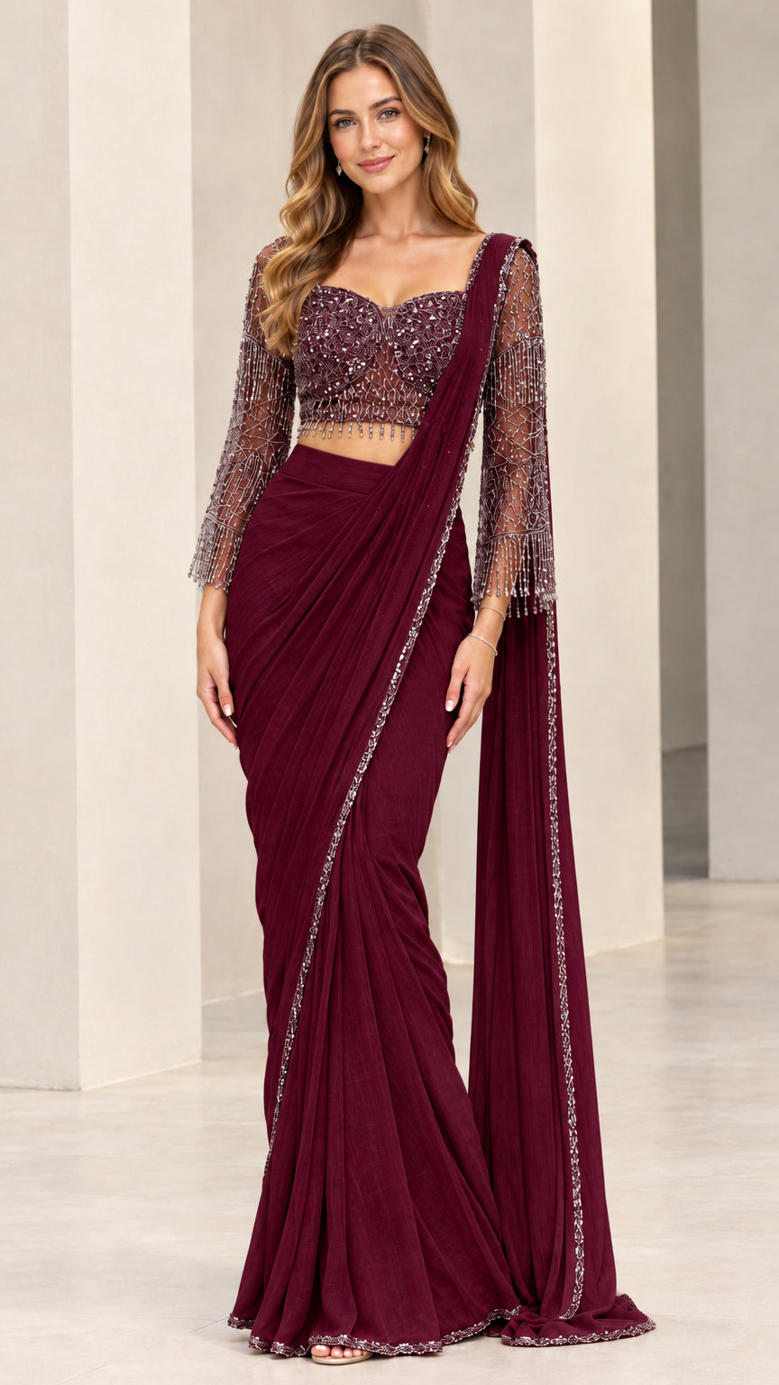Burgundy wine ready-to-wear saree set with embroidered blouse