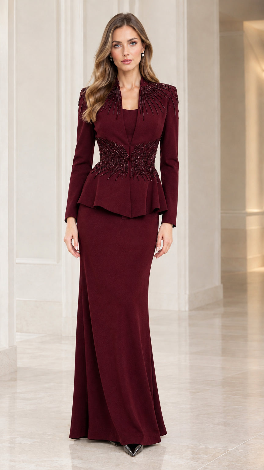 Front view of model in burgundy wine beaded formal peplum gown set