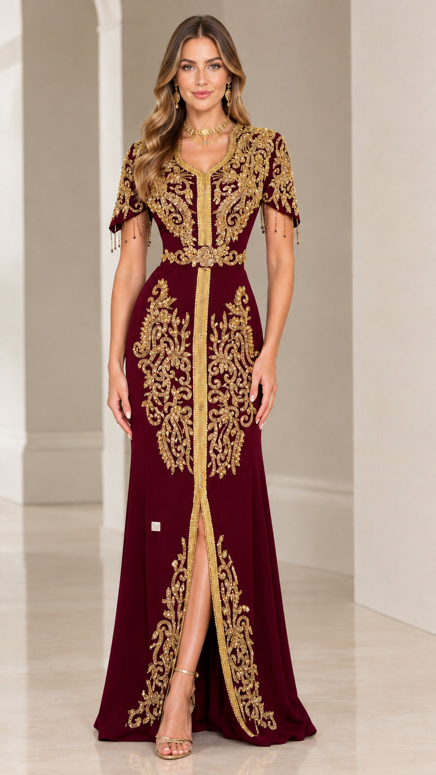 Full-length front view of burgundy wine red gold-embroidered caftan gown