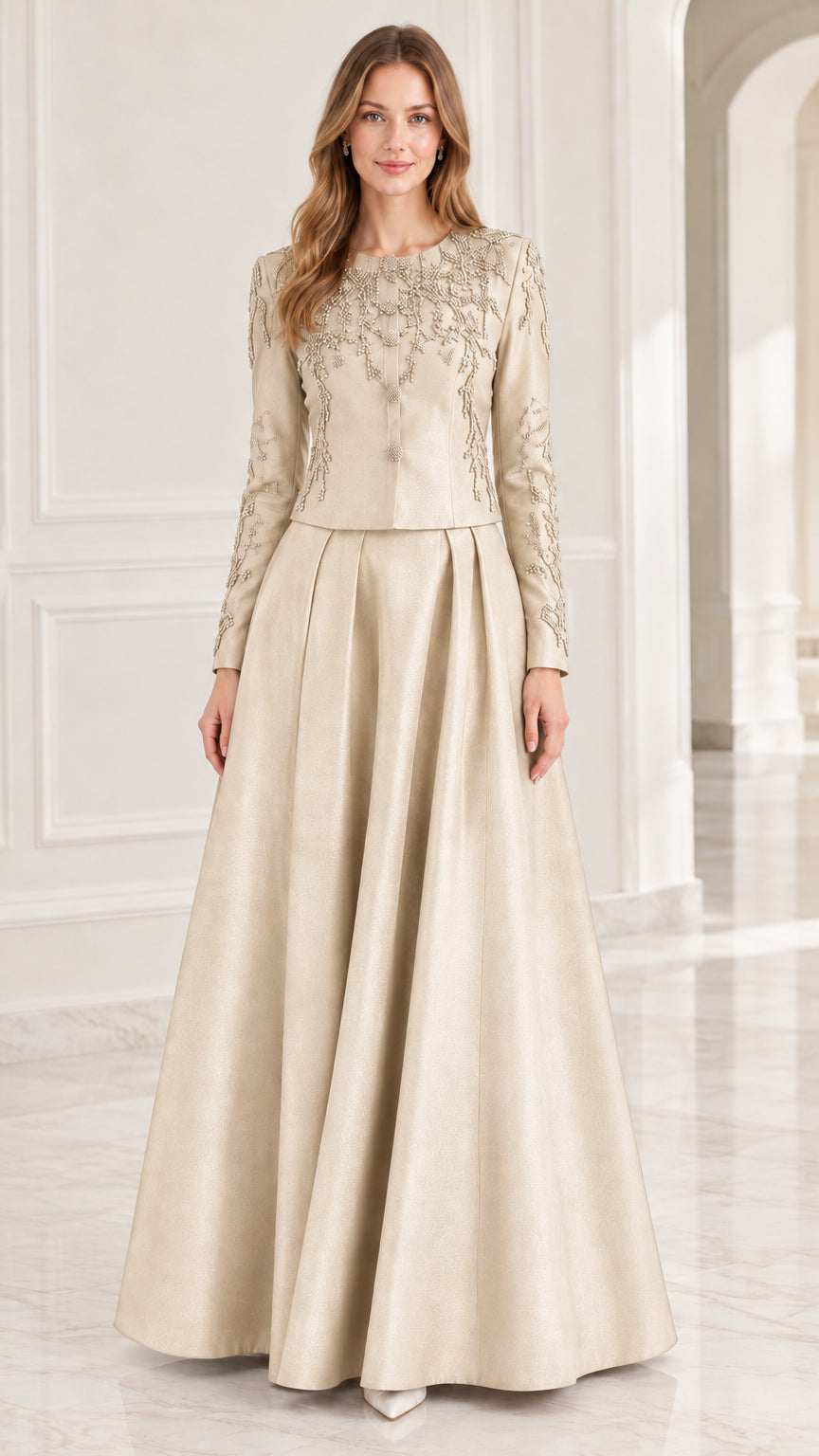 Champagne beige long-sleeve beaded A-line formal gown on model