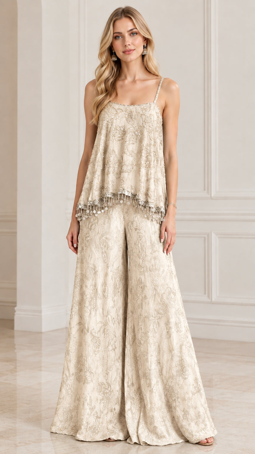 Champagne beige sequin beaded cami top and textured wide-leg trousers set