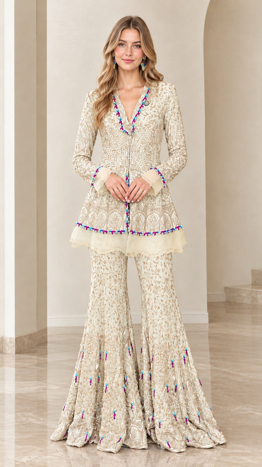 Front view of model wearing Champagne embroidered peplum tunic and flared pants set