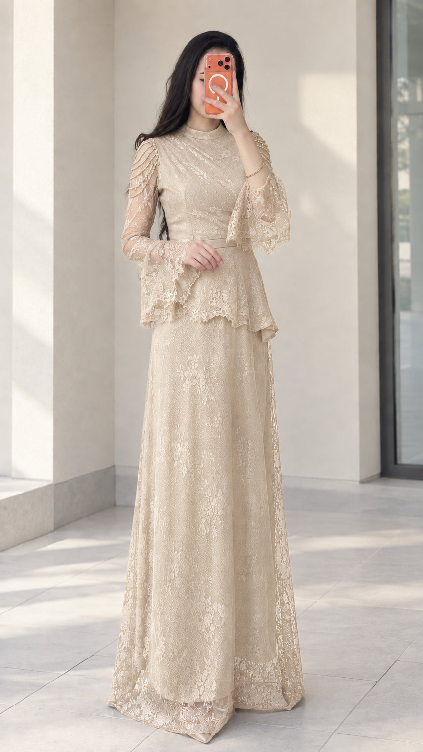 Champagne beige beaded lace peplum evening dress