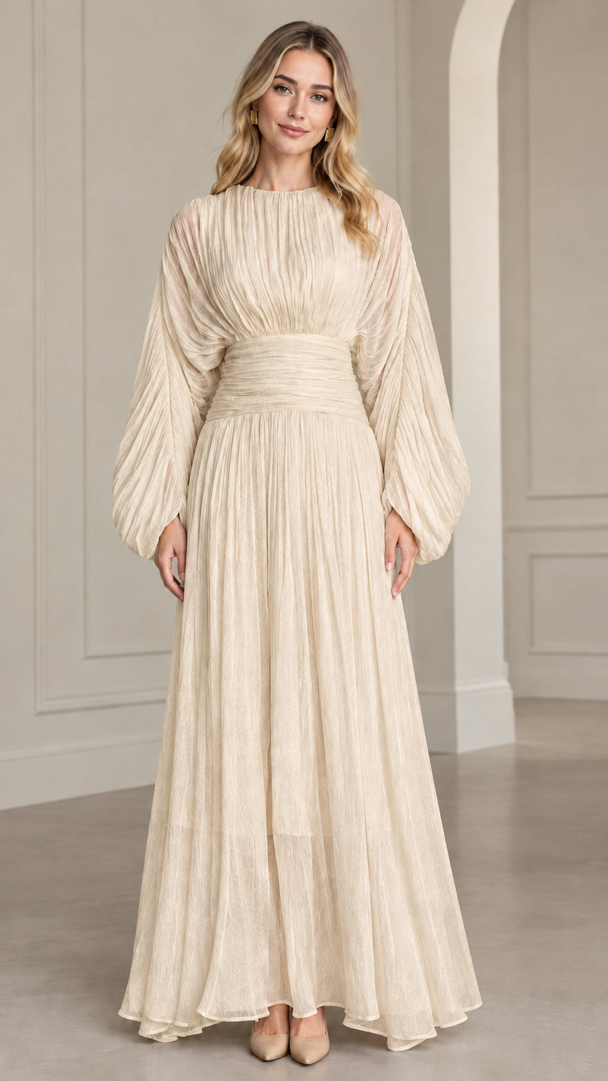 Champagne beige pleated balloon sleeve formal evening dress