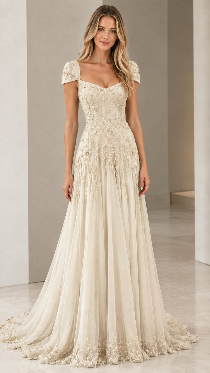 Front view of model in Champagne ivory cap sleeve evening dress