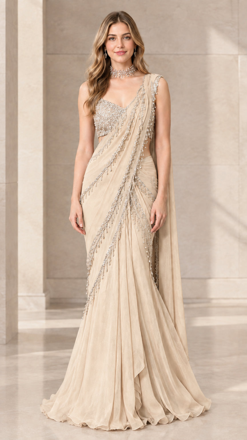Front view of model wearing Champagne beige pre-draped saree gown with sequin top