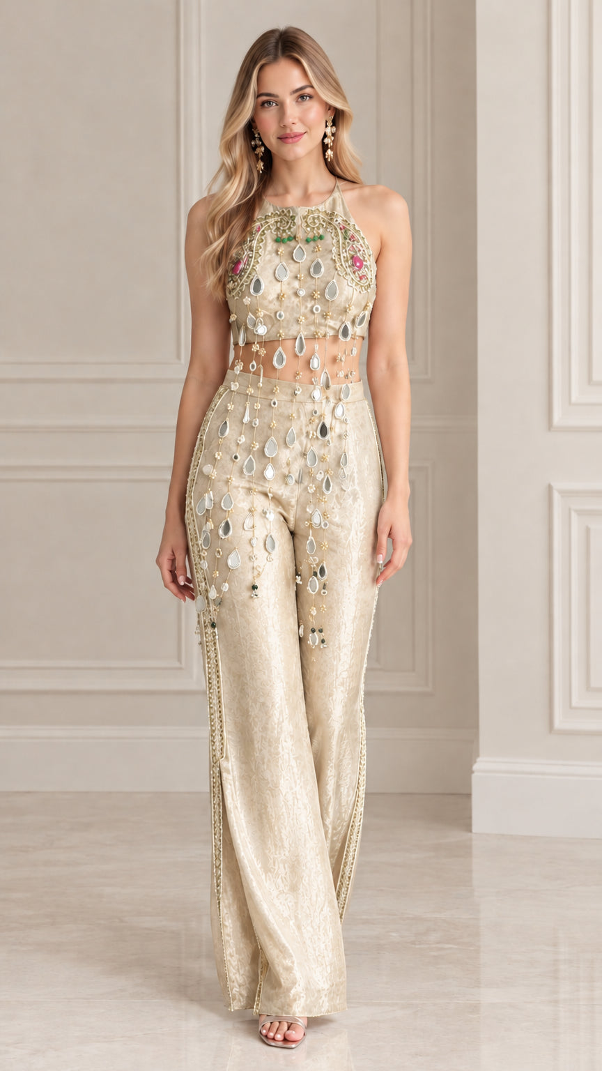 Champagne gold embellished crop top and wide-leg evening trouser set