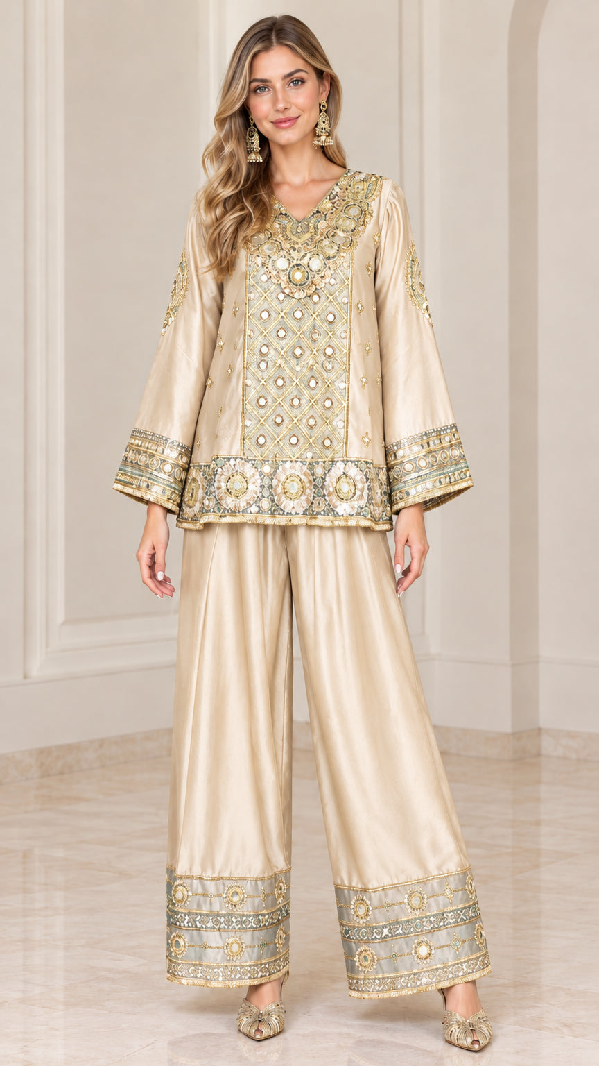 Front view of champagne gold embroidered tunic top and wide-leg trousers set