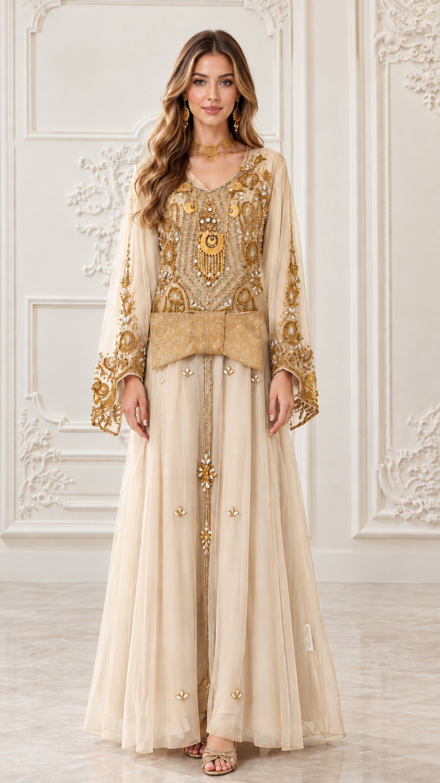 Front view of champagne cream gold-embroidered kaftan maxi dress