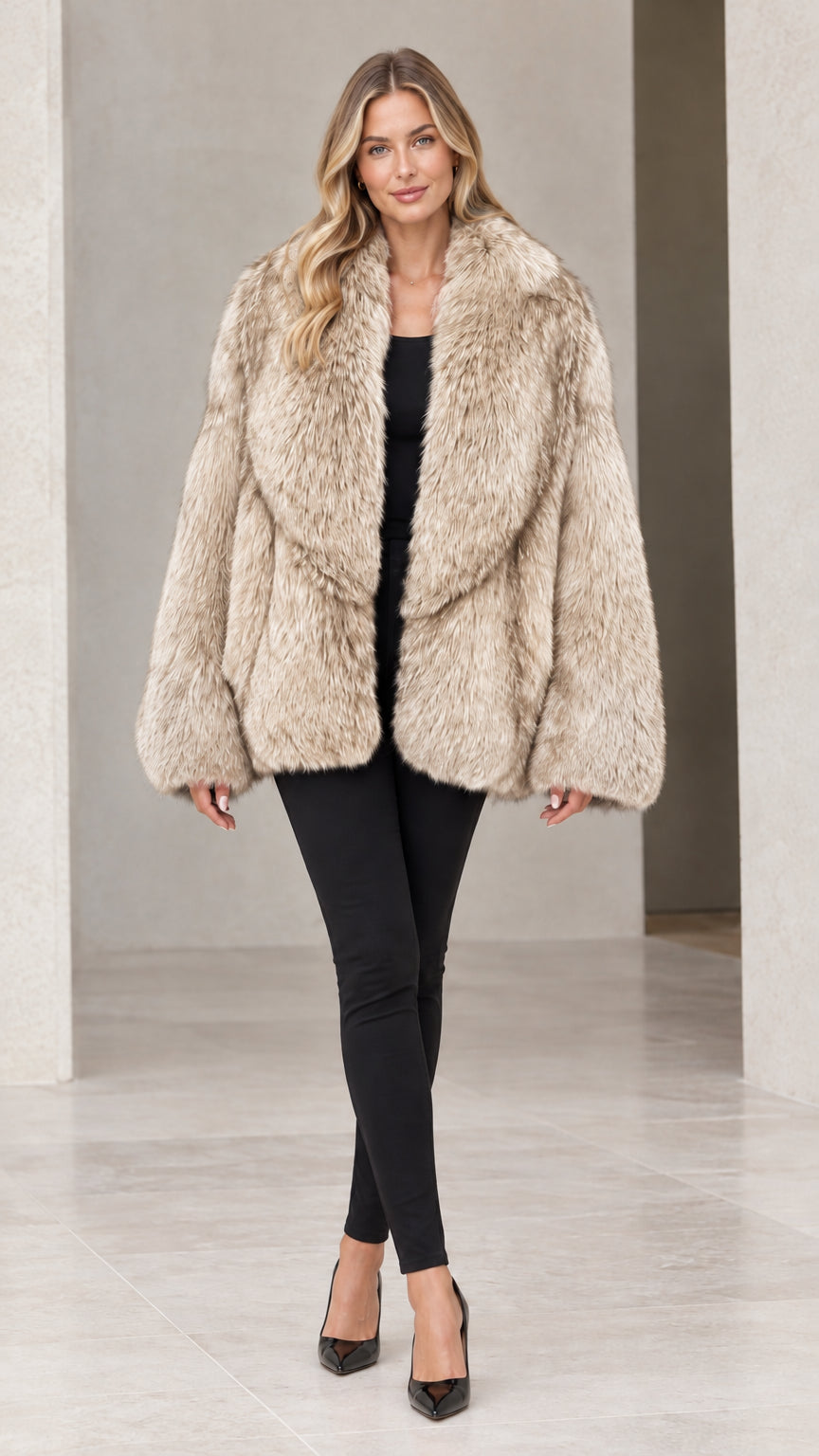 Front view of woman wearing champagne beige faux fur coat