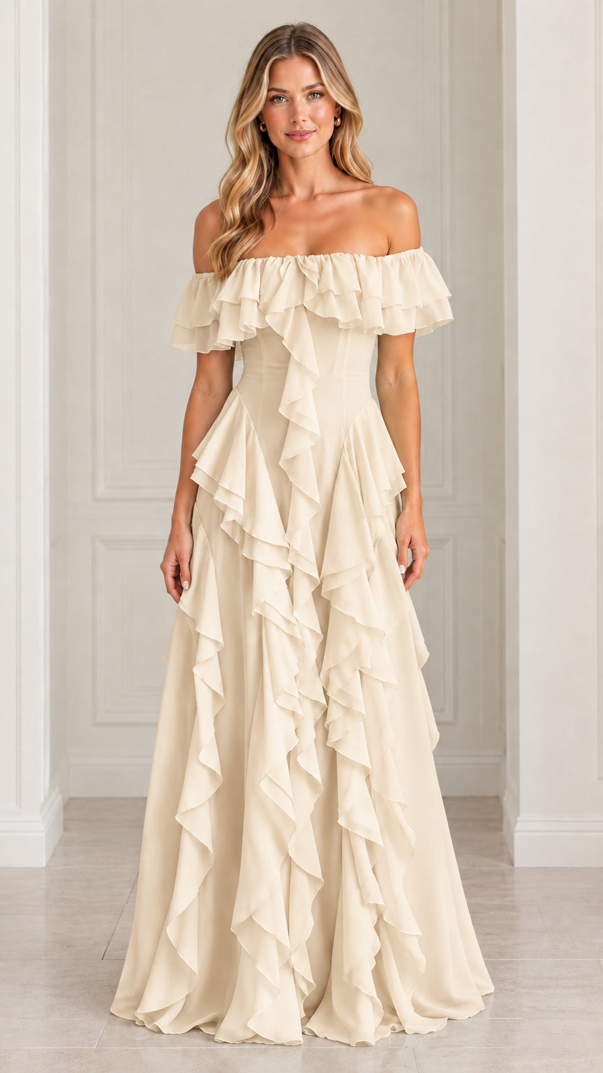 Front view of champagne cream off-the-shoulder tiered ruffle formal gown