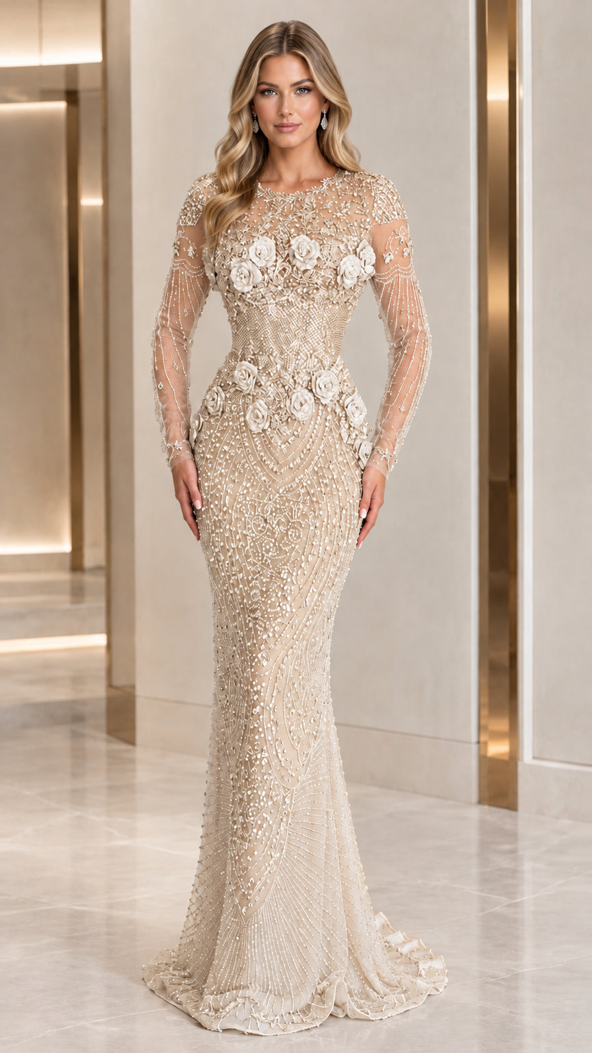 Champagne gold beaded long sleeve formal gown