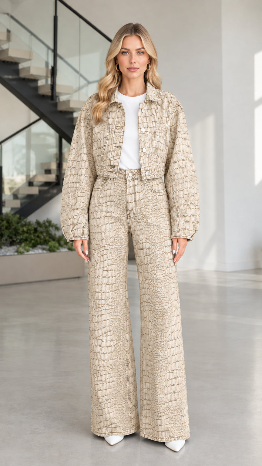 Full front view of model wearing Beige cream croc-textured denim jacket and wide-leg trousers
