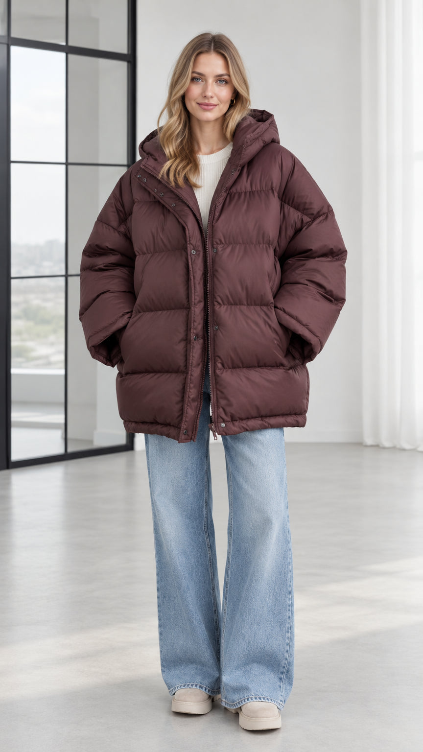 Front view of model wearing oversized hooded chocolate brown puffer jacket with jeans