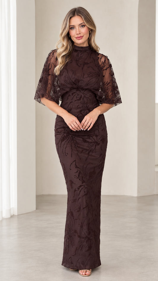Front view of model wearing Chocolate Brown high neck beaded maxi dress with flutter sleeves