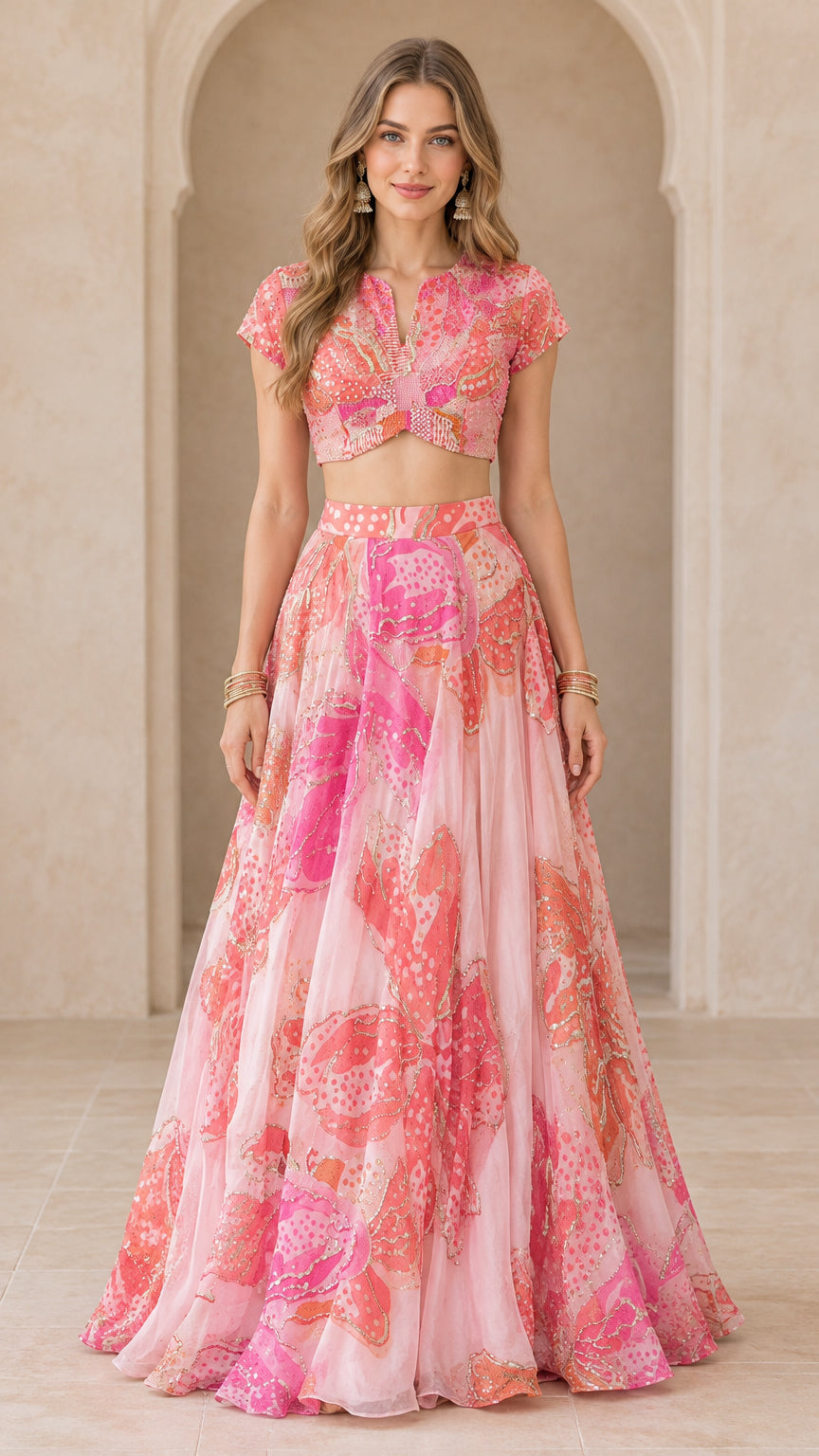 Blush pink floral print crop top and full flared maxi skirt set front view
