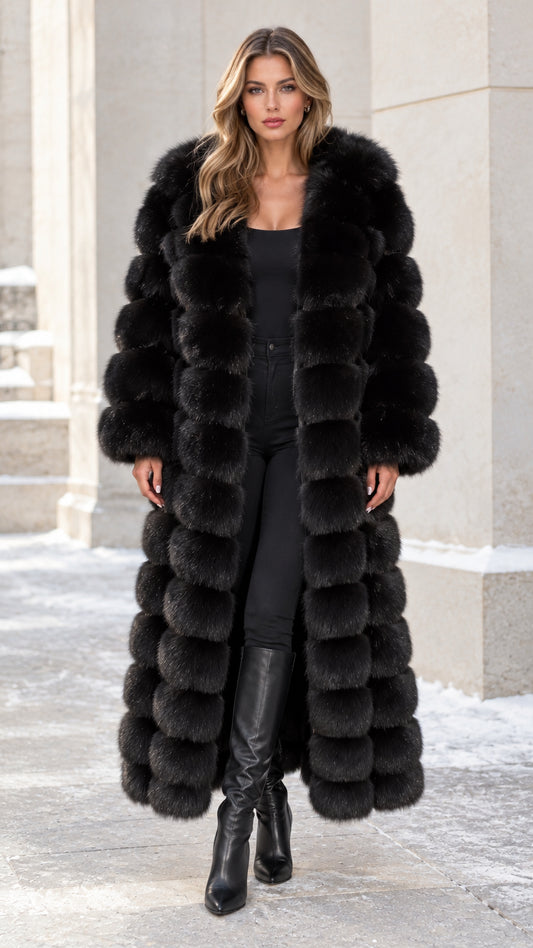 Front view of model wearing black maxi tiered faux fur coat with boots