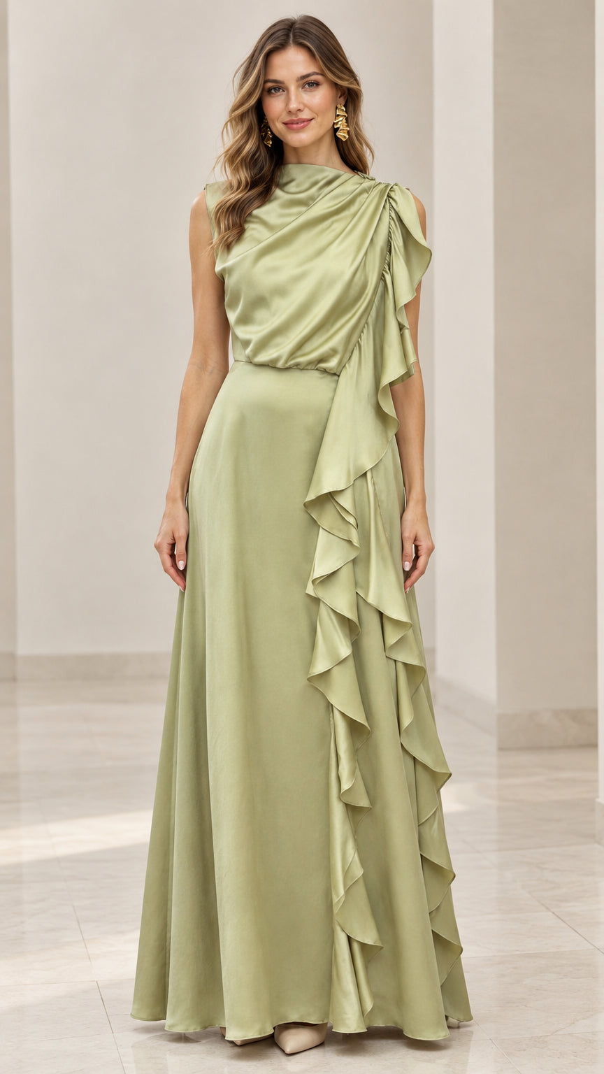 Full front view of a model wearing a sage green draped satin maxi dress with side cascading ruffles