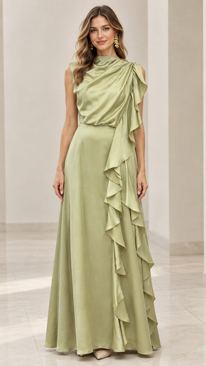 Full front view of a model wearing a sage green draped satin maxi dress with side cascading ruffles