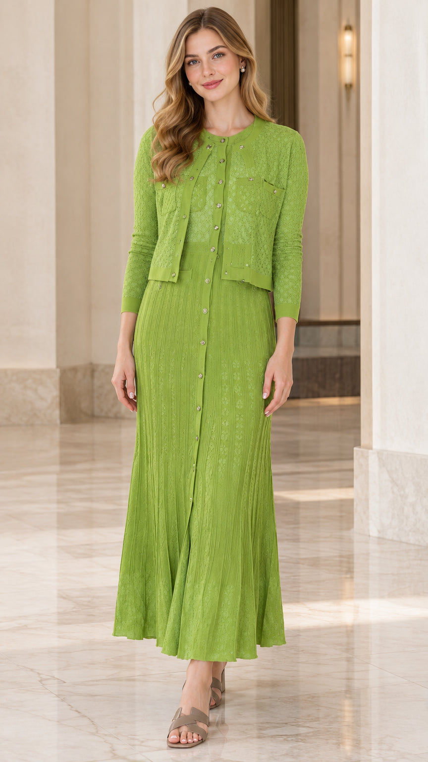Model wearing lime green two-piece textured knit cardigan and maxi dress set front view