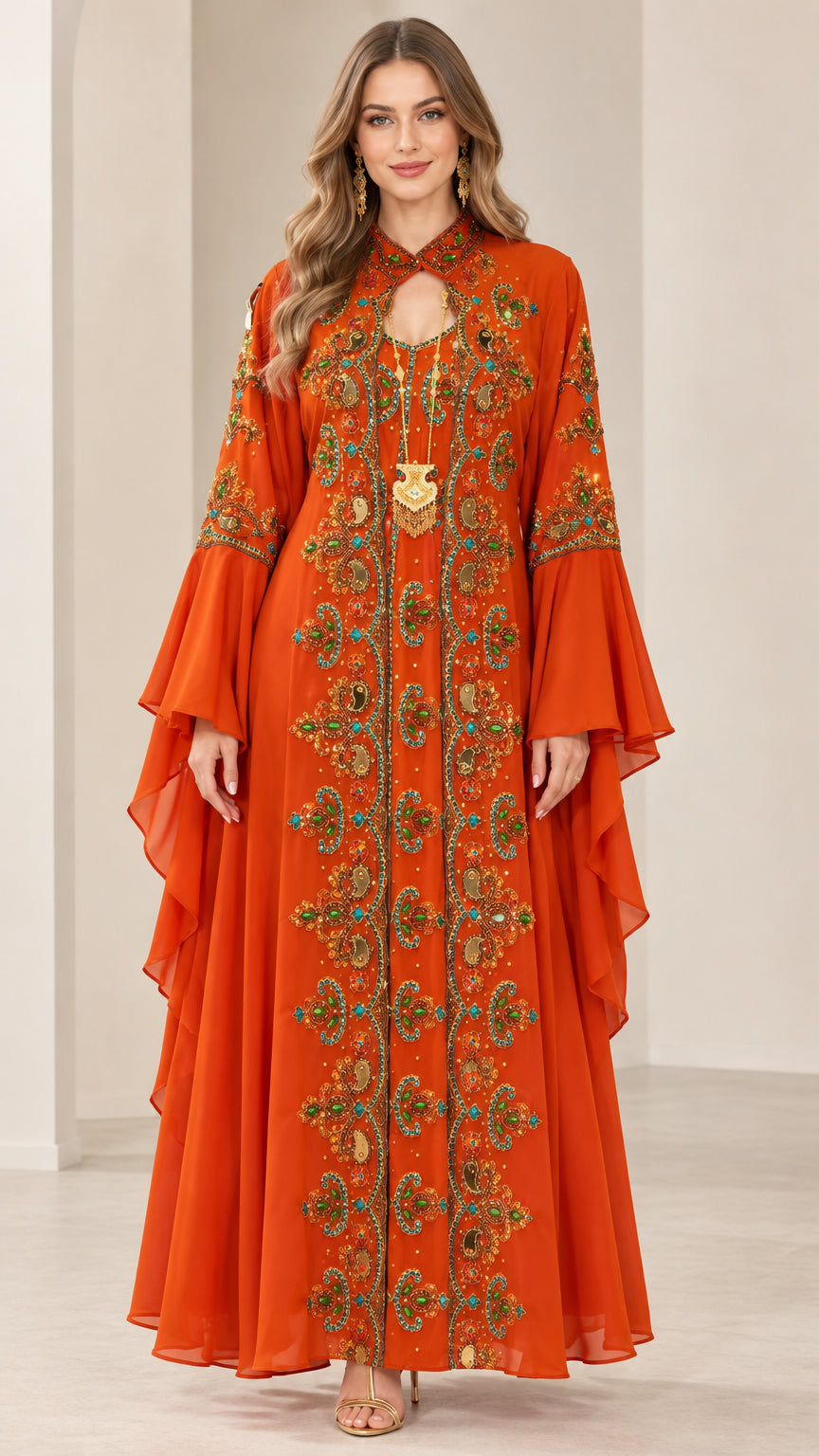 Rust orange embroidered kaftan maxi dress front view