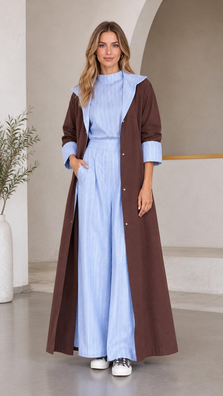 Front full view of women's brown duster coat with light blue striped wide-leg co-ord set