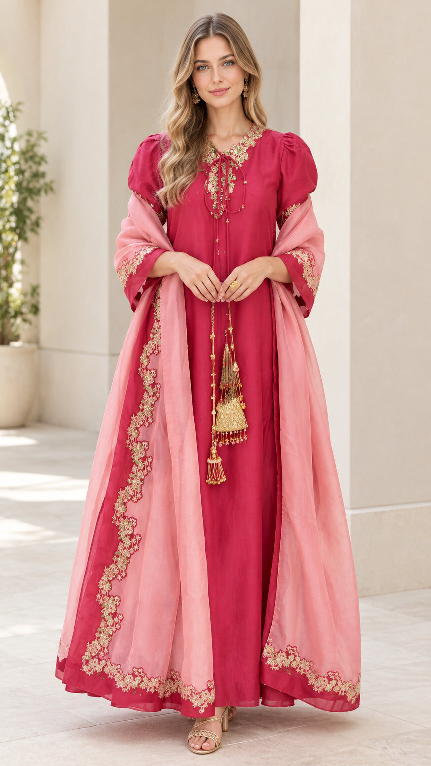 Full front view of fuchsia pink embroidered maxi dress with matching sheer scarf and gold tassels